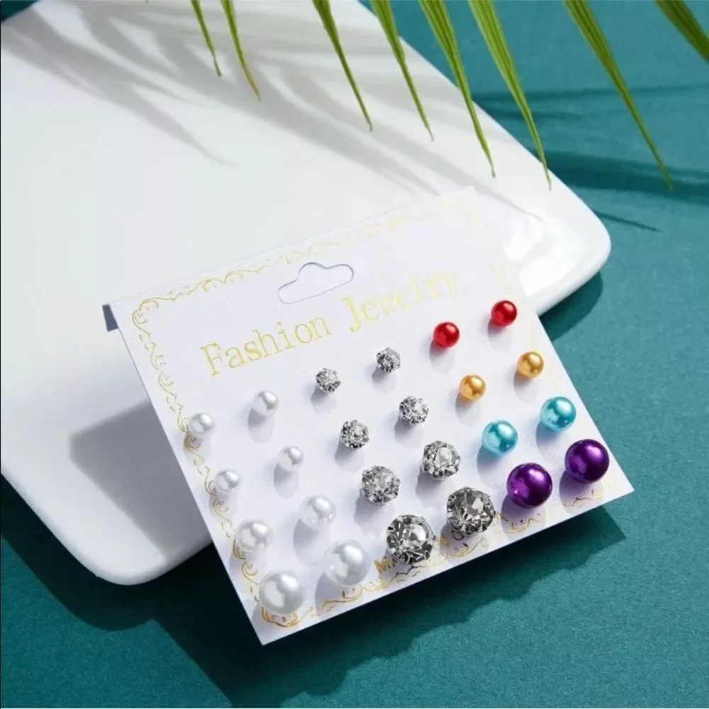 12 Pairs Of Zirconia Crystal Pearl Earrings Set - Picture 2 of 6